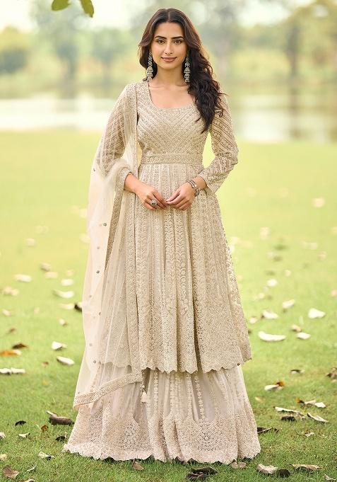 Beige Embroidery Net Salwar Kameez