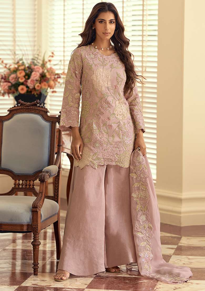 Pink Embroidery Silk Blend Salwar Kameez - Indya