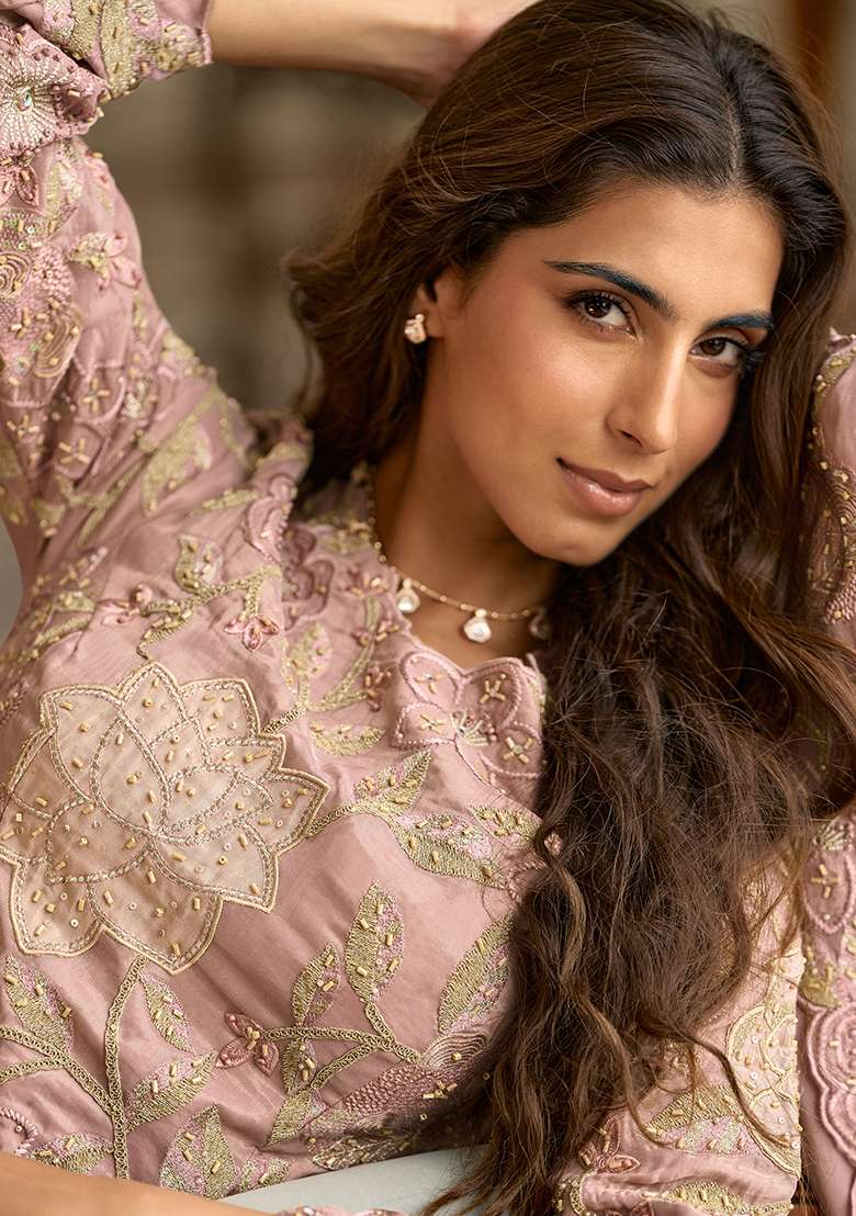 Pink Embroidery Silk Blend Salwar Kameez - Indya