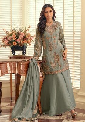 Sea Green Embroidery Silk Salwar Kameez