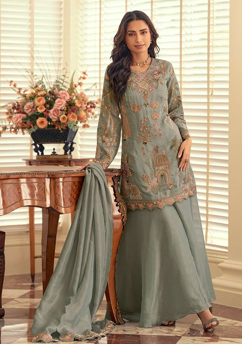 Sea Green Embroidery Silk Blend Salwar Kameez - Indya