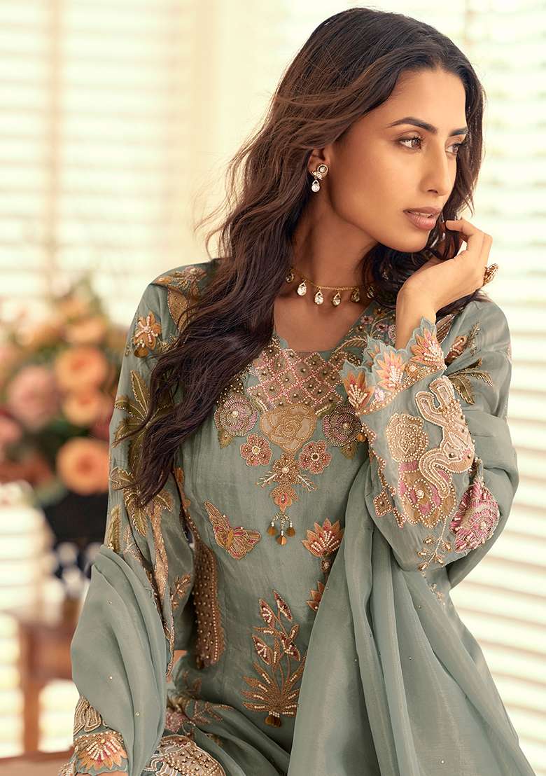 Sea Green Embroidery Silk Blend Salwar Kameez - Indya