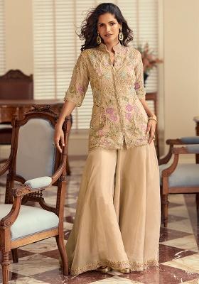 Beige Embroidery Silk Salwar Kameez