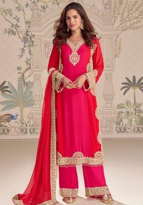 Rani Pink And Red Embroidery Georgette Salwar Kameez
