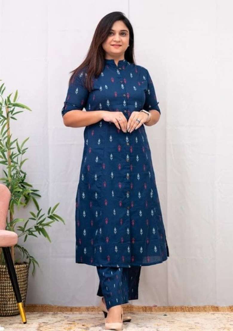 Blue Printed Cotton Kurta Set - Indya