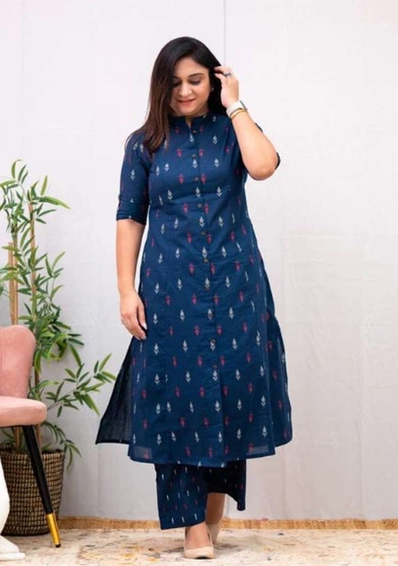 Blue Printed Cotton Kurta Set - Indya