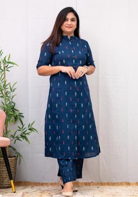 Blue Printed Cotton Kurta Set