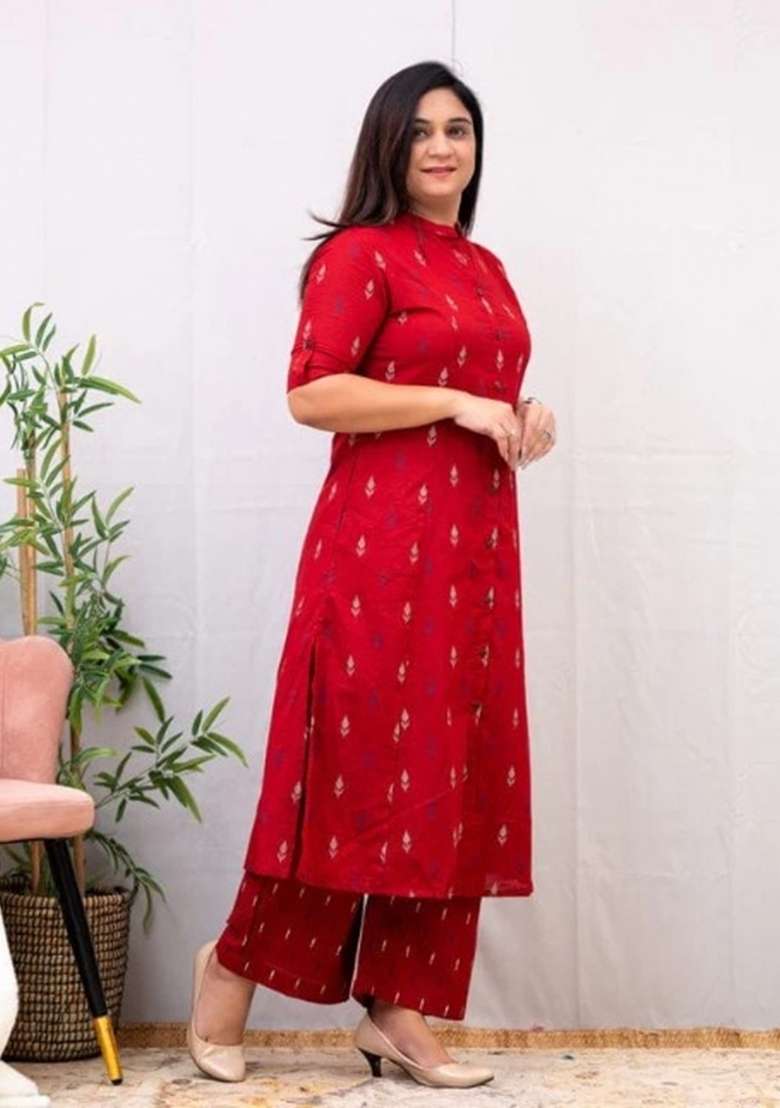Red Printed Cotton Kurta Set - Indya