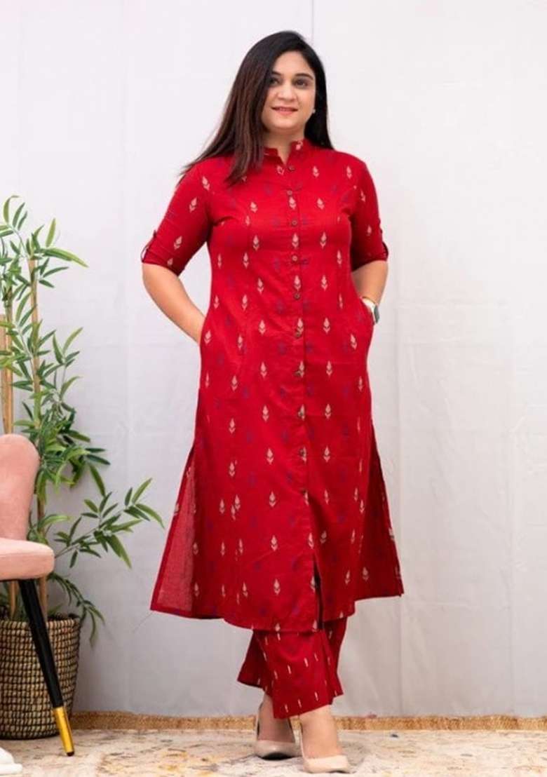 Red Printed Cotton Kurta Set - Indya