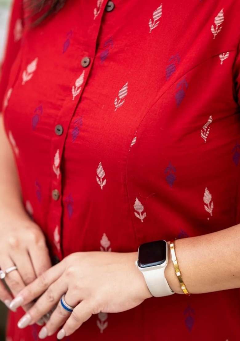 Red Printed Cotton Kurta Set - Indya