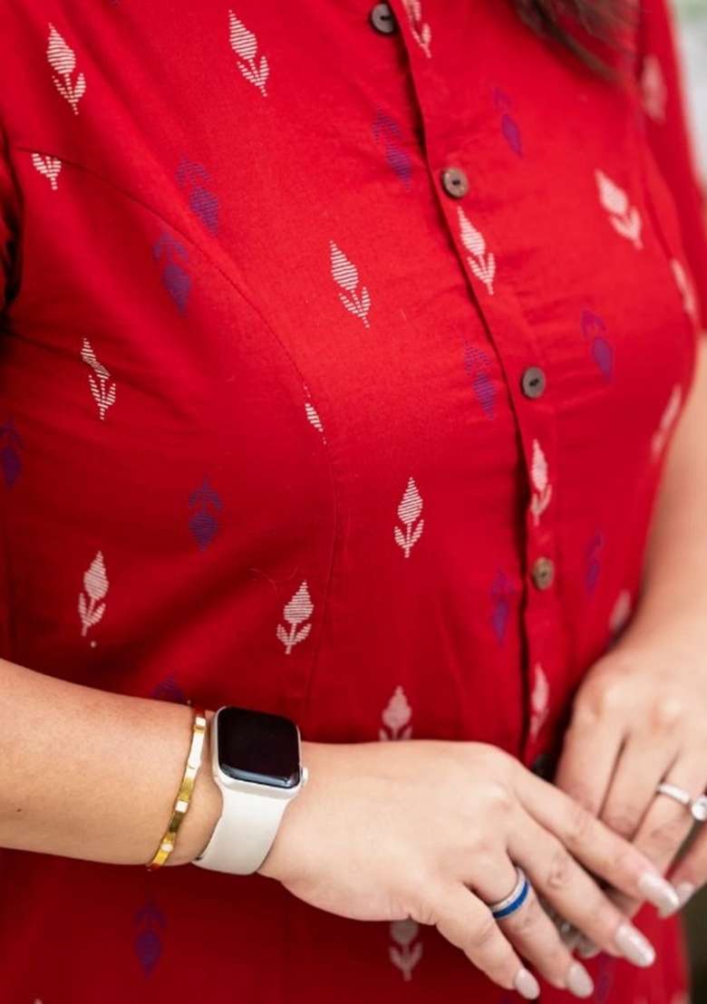 Red Printed Cotton Kurta Set - Indya