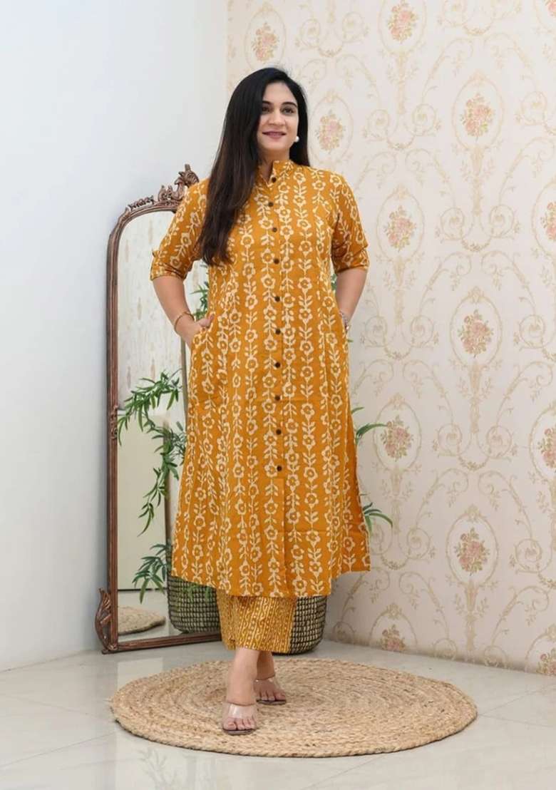 Mustard Printed Cotton Kurta Set - Indya