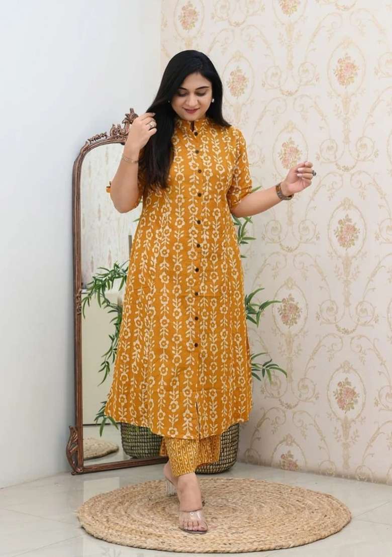 Mustard Printed Cotton Kurta Set - Indya