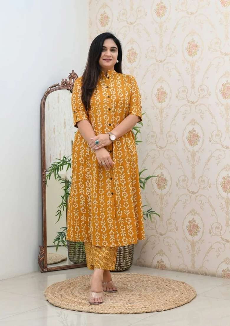 Mustard Printed Cotton Kurta Set - Indya
