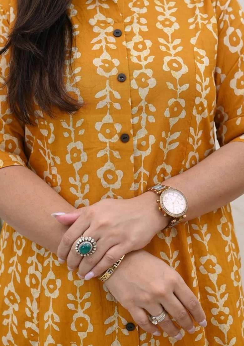 Mustard Printed Cotton Kurta Set - Indya