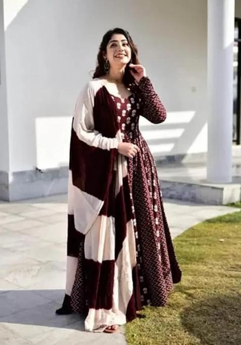 Coffee Printed Cotton Kurta With Dupatta