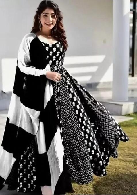 Black Printed Cotton Kurta With Dupatta