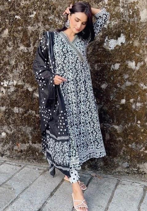 Black Printed Cotton Kurta Set