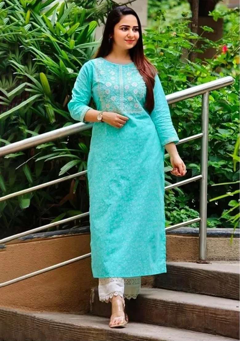 Light Blue Printed Cotton Kurta Set - Indya