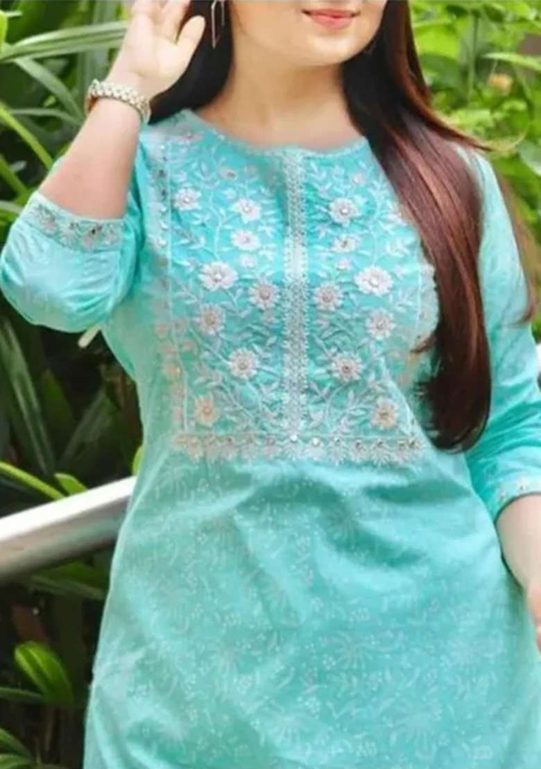 Light Blue Printed Cotton Kurta Set - Indya