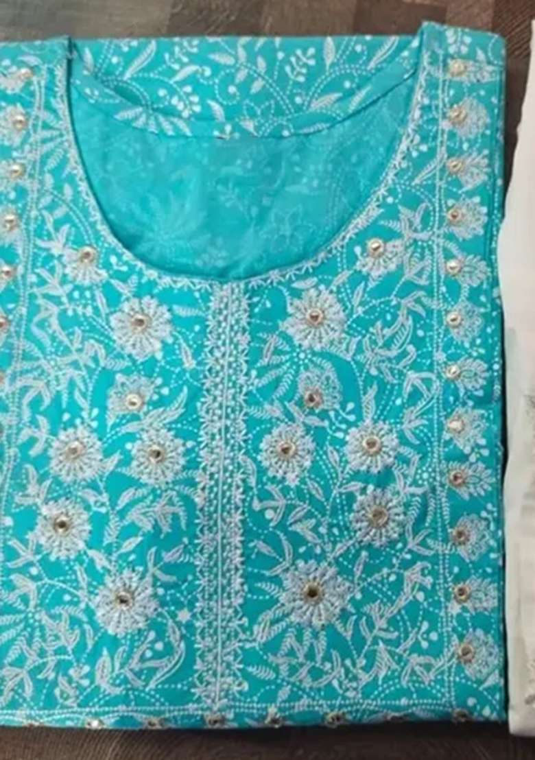 Light Blue Printed Cotton Kurta Set - Indya