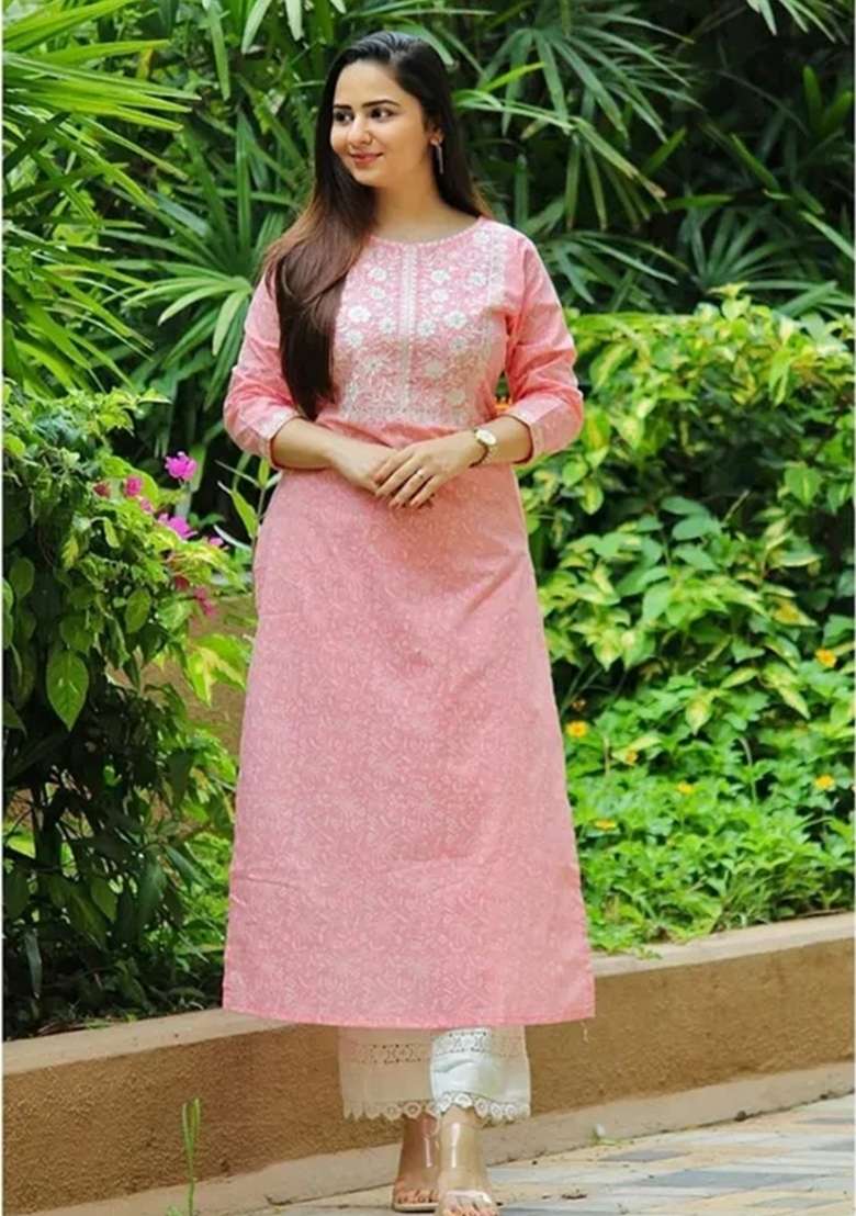 Light Pink Printed Cotton Kurta Set - Indya
