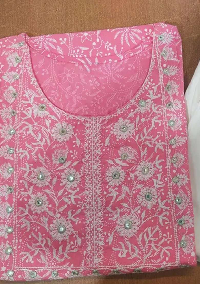 Light Pink Printed Cotton Kurta Set - Indya