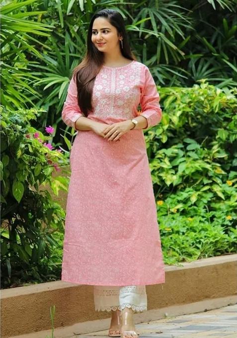 Light Pink Printed Cotton Kurta Set