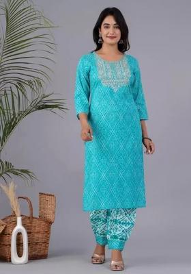 Blue Printed Cotton Kurta Set