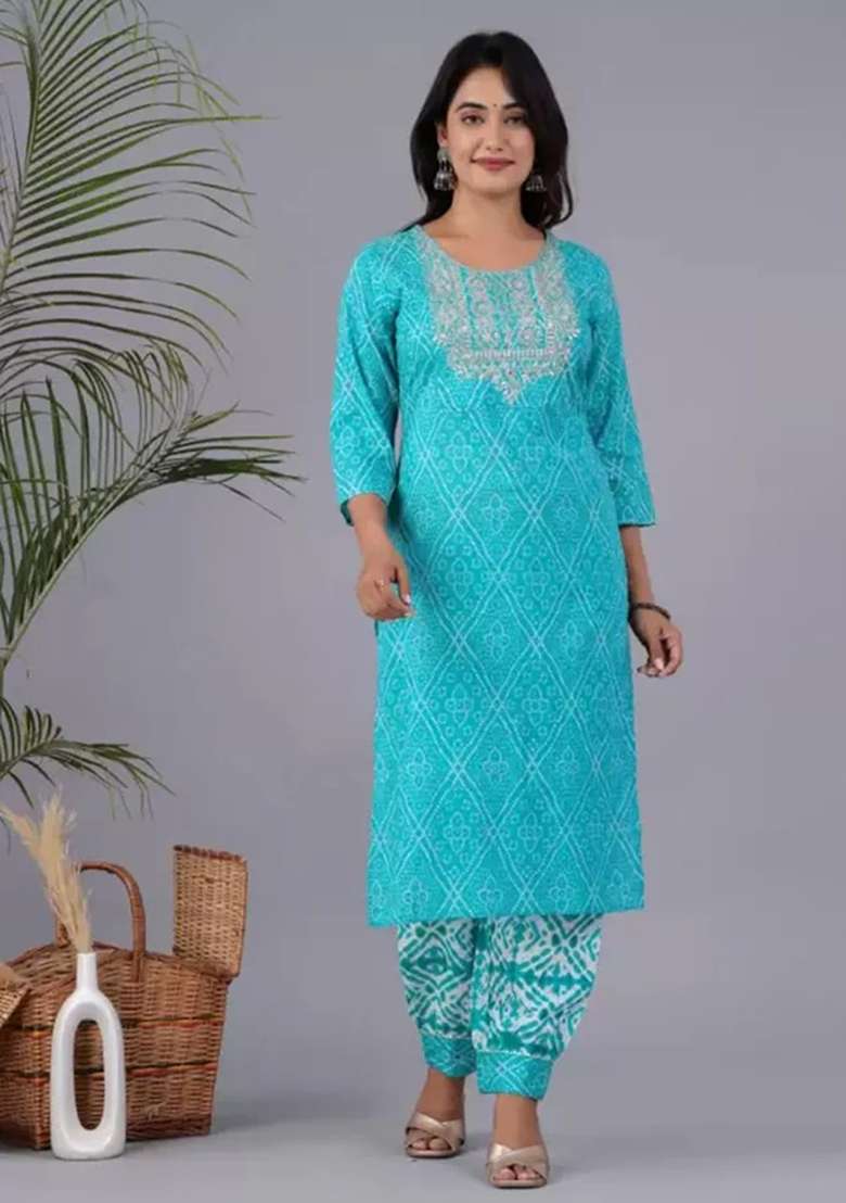 Blue Printed Cotton Kurta Set - Indya