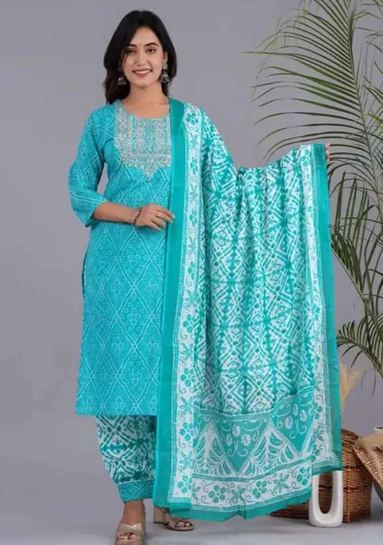 Blue Printed Cotton Kurta Set - Indya