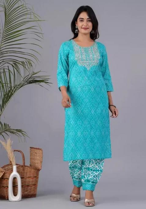Blue Printed Cotton Kurta Set