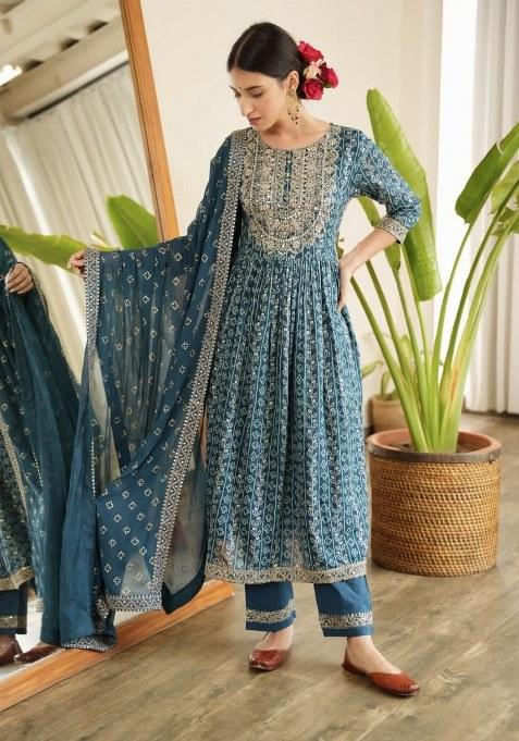 Blue Printed Cotton Kurta Set