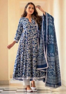 Indigo Printed Cotton Anarkali Set