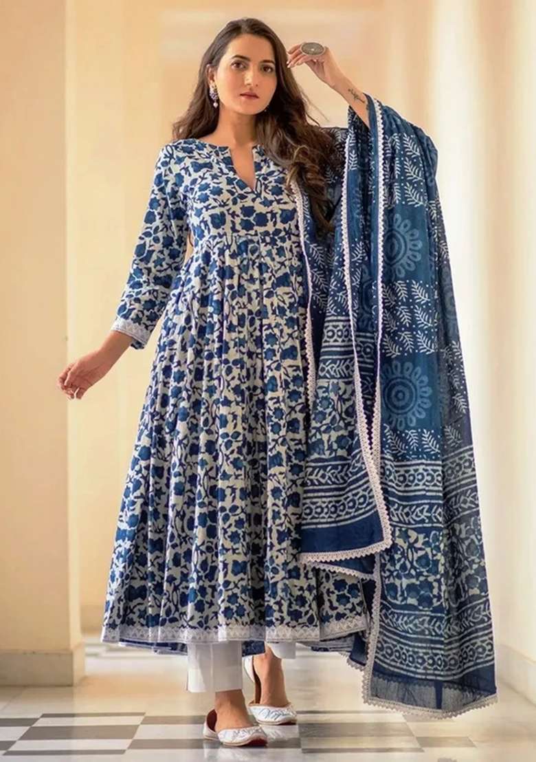 Indigo Printed Cotton Anarkali Set - Indya