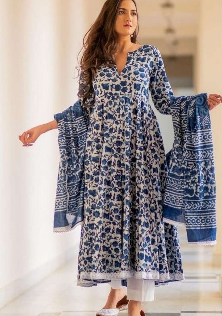 Indigo Printed Cotton Anarkali Set - Indya