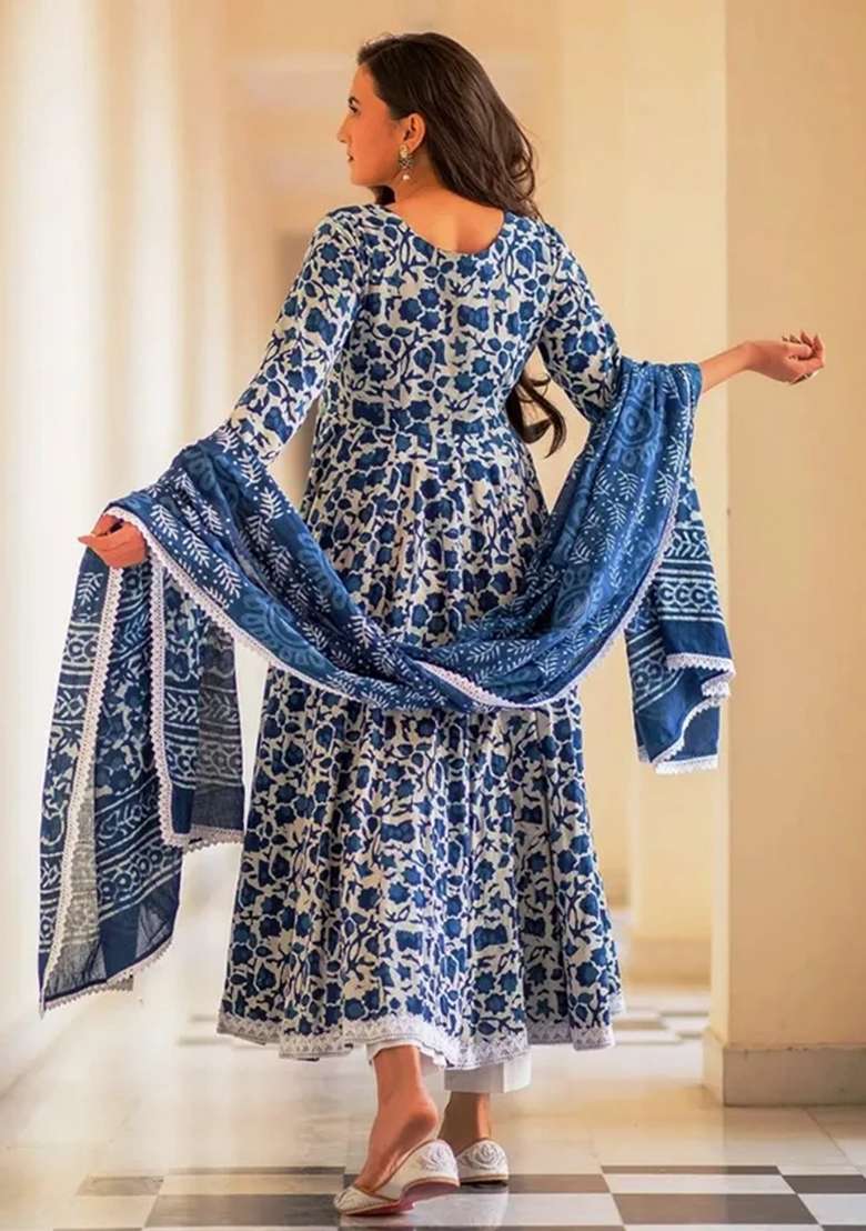 Indigo Printed Cotton Anarkali Set - Indya