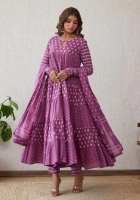 Purple Printed Cotton Anarkali Set