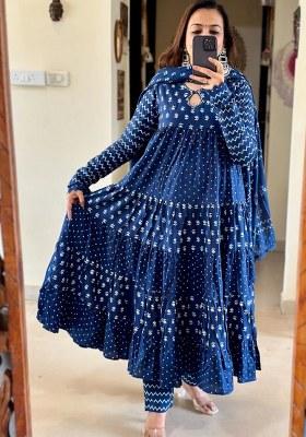 Blue Bandhani Cotton Anarkali Set