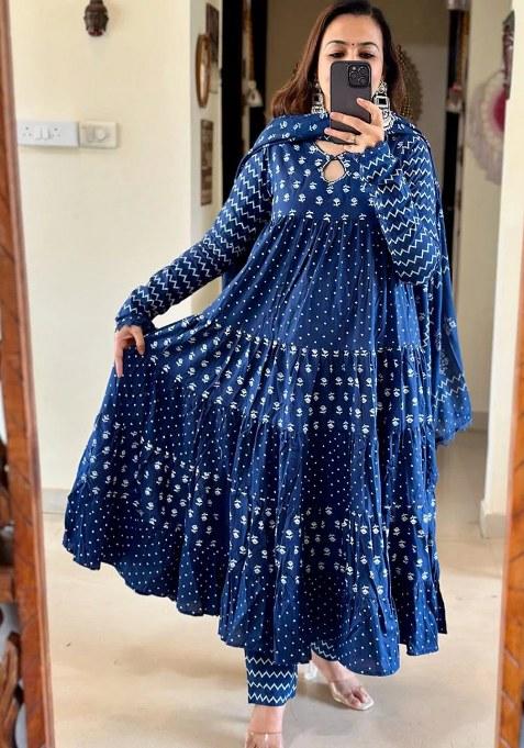 Blue Printed Cotton Kurta Set