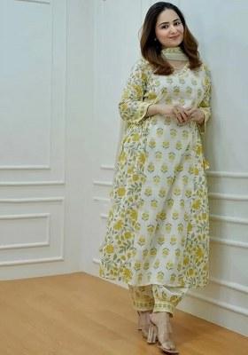 Mustard Off Floral Print Cotton A Line Kurta Set