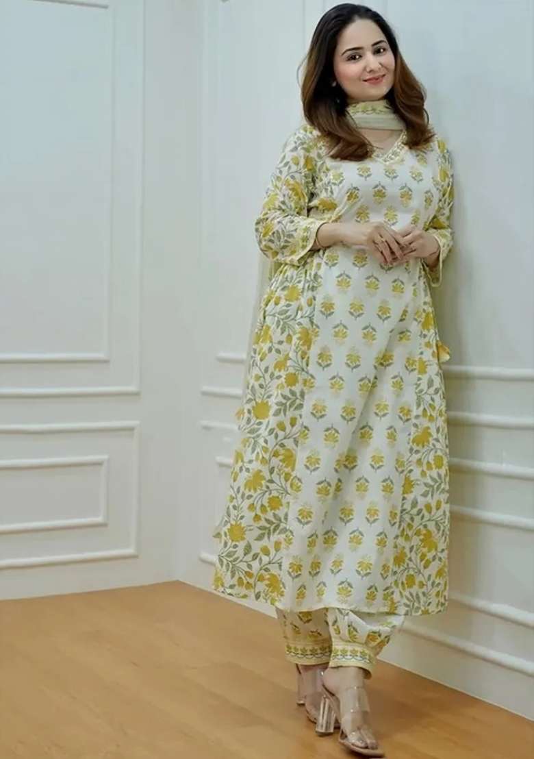 Mustard Off Floral Print Cotton A Line Kurta Set - Indya