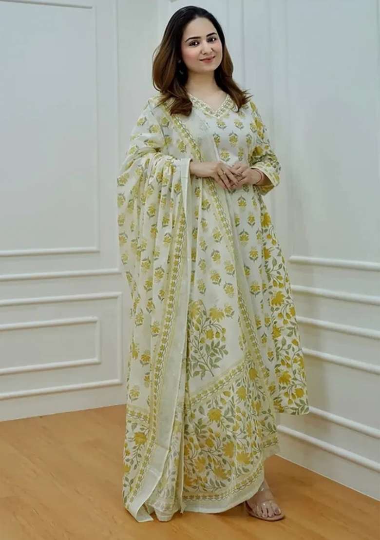 Mustard Off Floral Print Cotton A Line Kurta Set - Indya