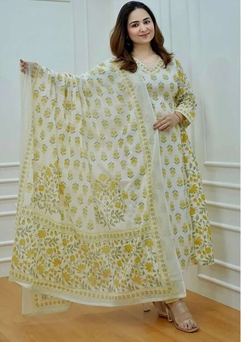 Mustard Off Floral Print Cotton A Line Kurta Set - Indya