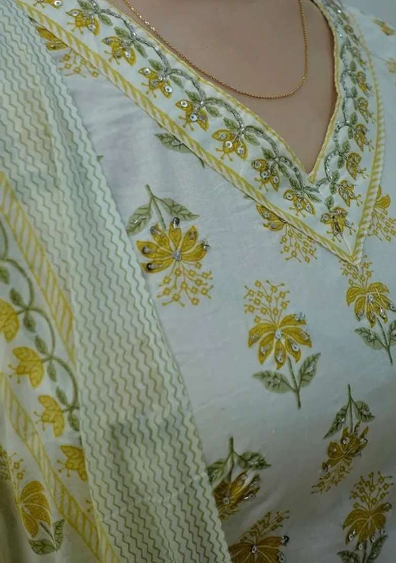 Mustard Off Floral Print Cotton A Line Kurta Set - Indya