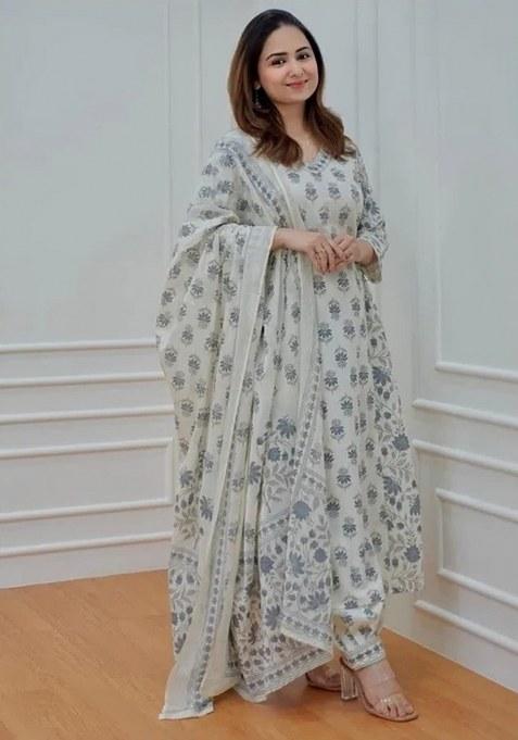Grey And Off White Printed Cotton Kurta Set