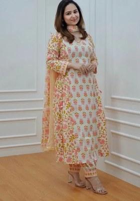 Orange Floral Print Cotton Straight Kurta Set