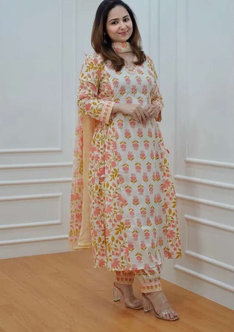 Orange Floral Print Cotton Straight Kurta Set - Indya