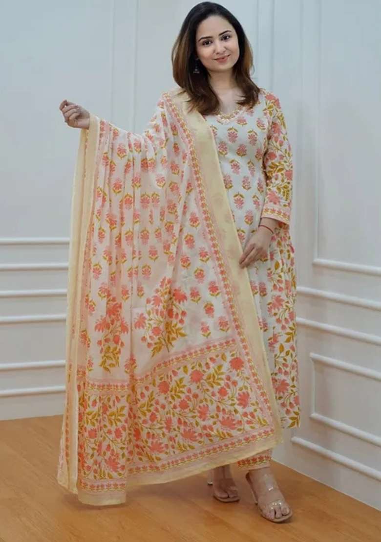 Orange Floral Print Cotton Straight Kurta Set - Indya