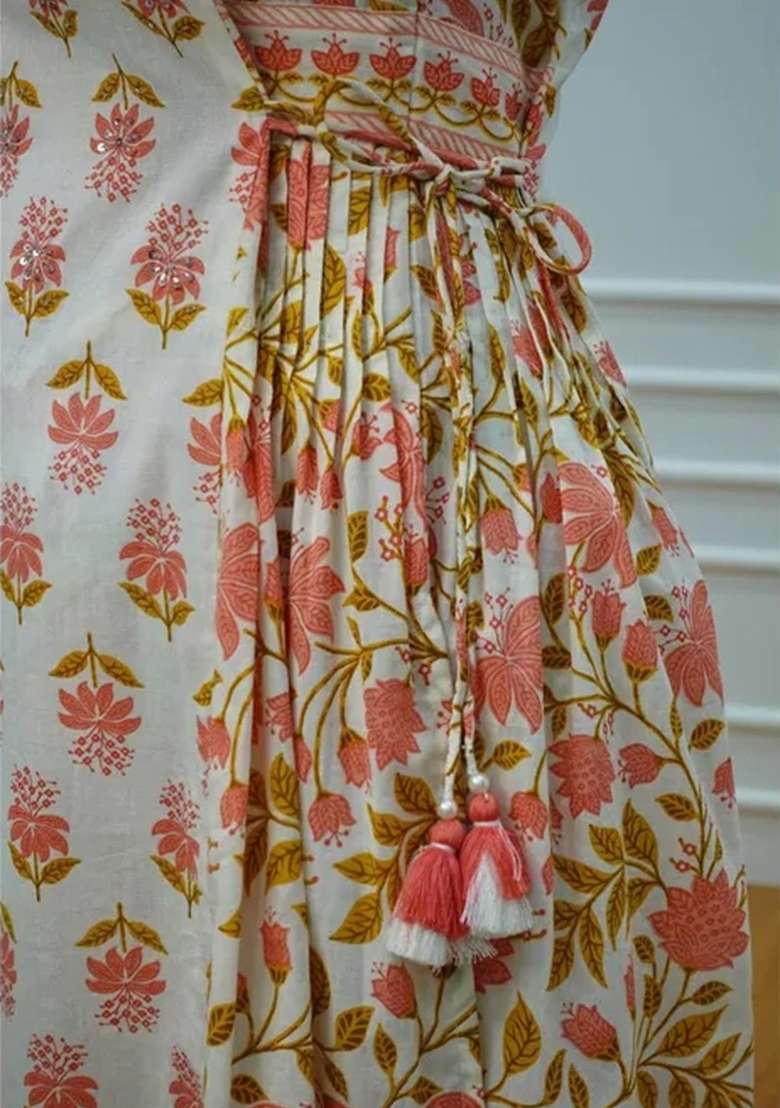 Orange Floral Print Cotton Straight Kurta Set - Indya